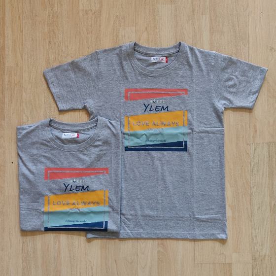Grey melange round neck t-shirts with colourful striped block print and slogan, two sizes, custom made for Hotel Yelm by RestroCart, New Delhi
