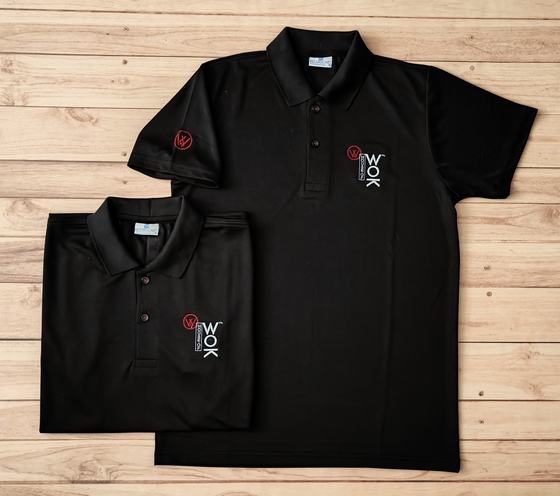 Black dry-fit polo t-shirts with red and white chest logo and sleeve logo, custom made for House of Wok by RestroCart, New Delhi