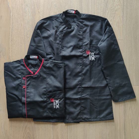 Black chef coats with red piping and white and red embroidered logo, two sizes laid flat, custom made for House of Wok by RestroCart, New Delhi