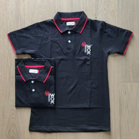 Black polo t-shirts with red tipped collar and sleeves and white vertical logo, two sizes, custom made for House of Wok by RestroCart, New Delhi