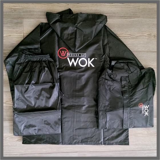Black hooded rain suit with jacket and trousers and large white printed logo on back, custom made for House of Wok by RestroCart, New Delhi