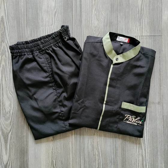 Black housekeeping tunic with sage green collar, placket and pocket trim plus black trousers, custom made by RestroCart, New Delhi