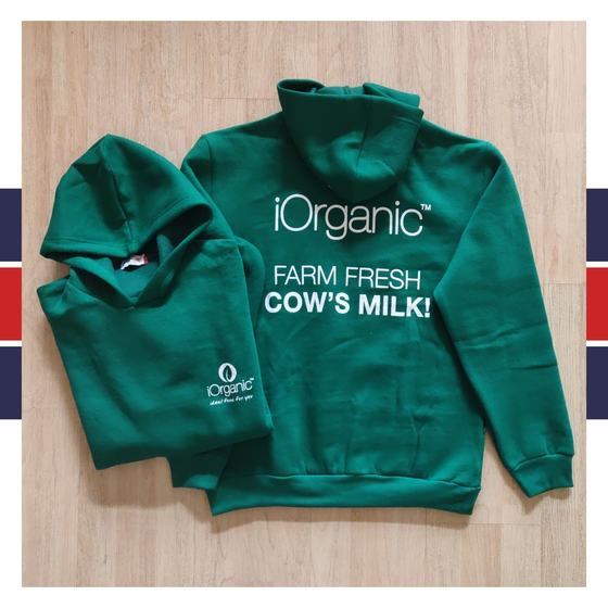 Two green fleece hoodies with white printed logo and slogan on back and small chest logo, laid flat, custom made for iOrganic by RestroCart, New Delhi