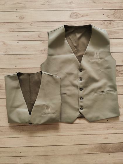 Khaki waistcoats with brown lining and tonal embroidered logo, folded pair, custom made by RestroCart, New Delhi