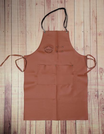 Single tan leatherette bib apron with black neck strap, rivets, pocket and embossed logo, custom made by RestroCart, New Delhi