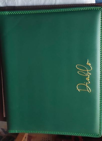 Bottle green leatherette menu folder with double stitched border and gold foil script logo, custom made by RestroCart, New Delhi