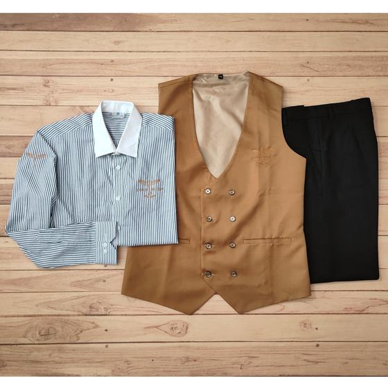 Fine-dining service uniform with a blue striped shirt, a tan double-breasted waistcoat and black trousers, made for Lord Elgin by RestroCart