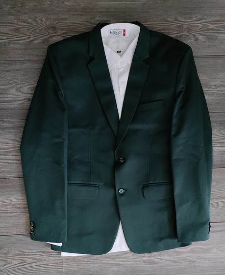 Bottle green two-button manager blazer over white shirt, laid flat on wooden floor, custom made by RestroCart, New Delhi
