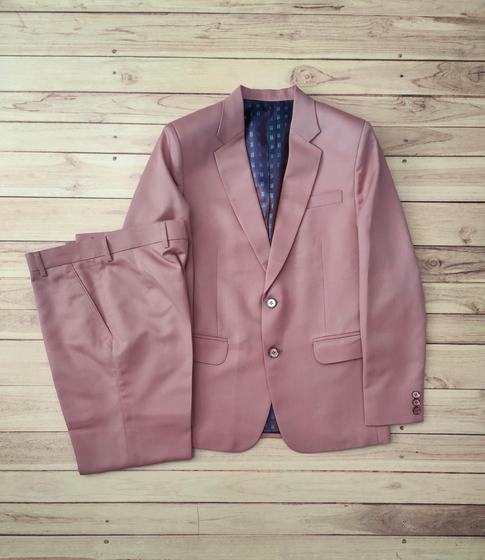 Dusty pink two-button manager blazer with patterned lining and matching trousers laid flat on wood, custom made by RestroCart, New Delhi