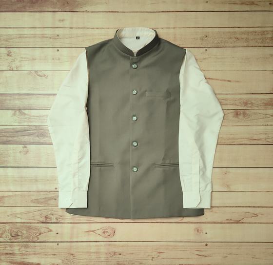 Grey Nehru style waistcoat with covered buttons worn over white full sleeve shirt, laid flat, custom made by RestroCart, New Delhi