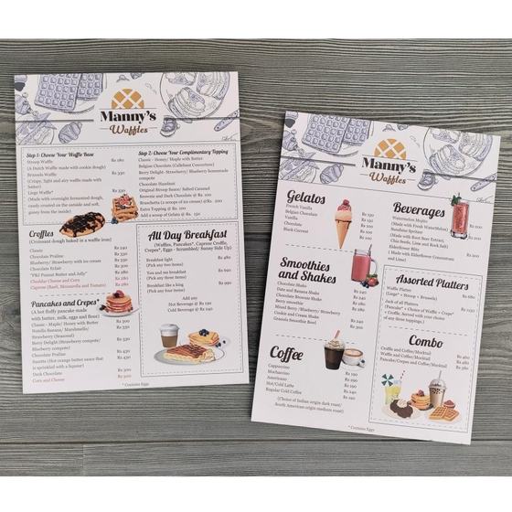 Menus, custom restaurant menu made for Manny's Waffles by RestroCart, New Delhi