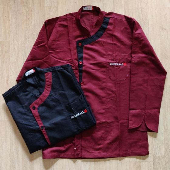Maroon and black chef coats with contrast side placket and embroidered logo, laid flat, custom made for Matamaal by RestroCart, New Delhi