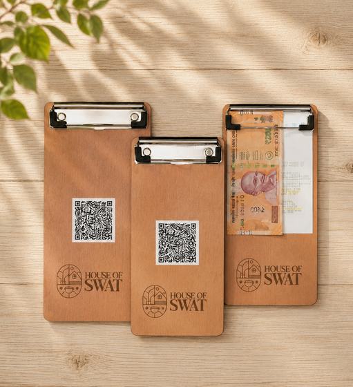 Tan MDF bill holders with steel clips, printed QR code and engraved logo, set of three, custom made by RestroCart, New Delhi