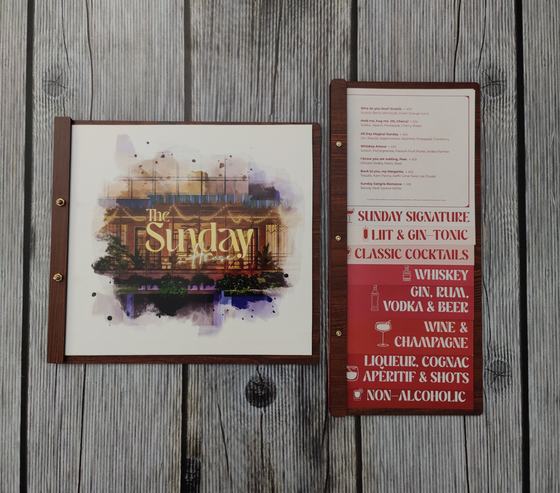 Dark wood MDF menu boards with watercolour printed cover insert and red bar menu page, custom made by RestroCart, New Delhi