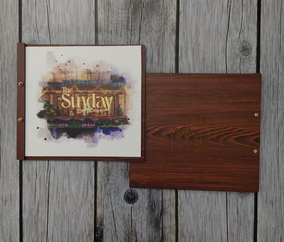 Landscape dark wood MDF menu board with watercolour printed insert beside the wood grain back, custom made by RestroCart, New Delhi