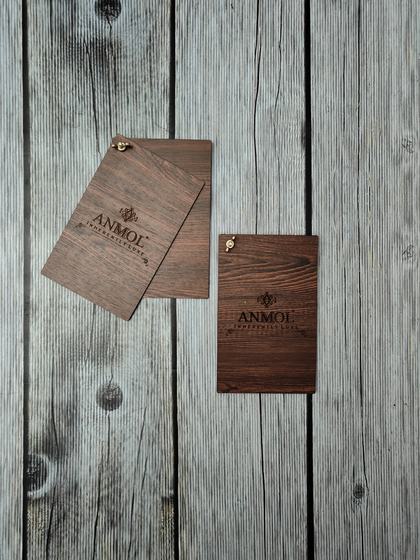 Pair of small walnut MDF menu boards with laser-engraved logo and metal ring hole, custom made by RestroCart, New Delhi
