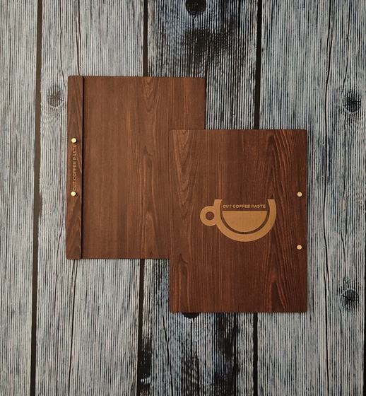 Pine brown MDF menu boards with engraved coffee cup logo on the front and name on the spine, custom made by RestroCart, New Delhi