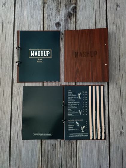 Teal bar menu, dark wood engraved cover menu and open inner page with stripes, three ring bound menus, custom made by RestroCart, New Delhi