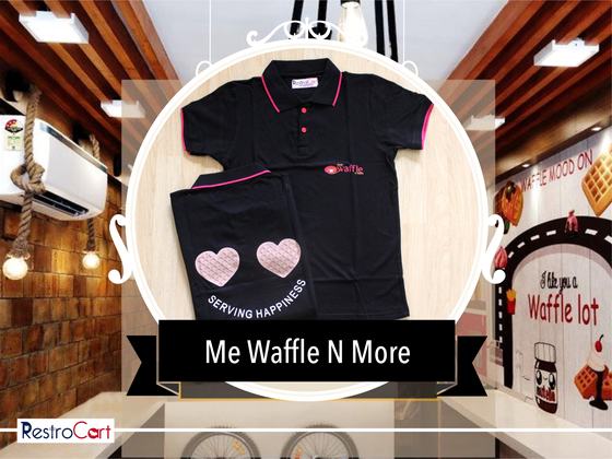 Black polo t-shirts with pink tipping, small logo and two heart prints on the back, custom made for Me Waffle N More by RestroCart, New Delhi