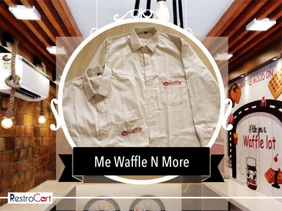 Beige long-sleeve uniform shirts with small red embroidered logo on the pocket, folded, custom made for Me Waffle N More by RestroCart, New Delhi