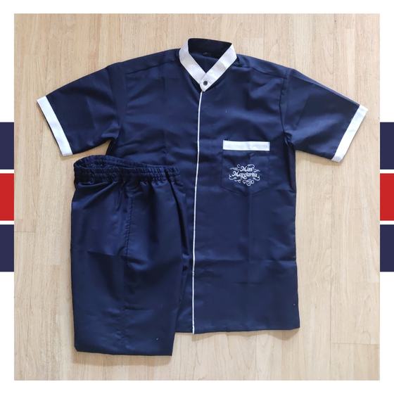 Navy half sleeve housekeeping tunic with white collar and trim, matching trousers, custom made for Miss Margarita by RestroCart, New Delhi