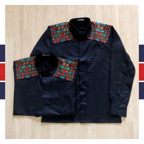 Two black full sleeve shirts with colourful tribal pattern shoulder yokes, shirts only, custom made for Miss Margarita by RestroCart, New Delhi