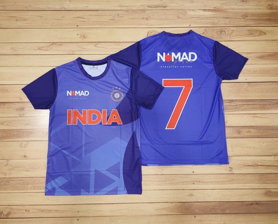 Purple blue cricket style sublimated jerseys, front print and back with number 7, custom made for NOMAD Pizza by RestroCart, New Delhi
