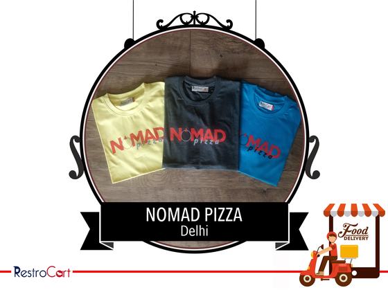 Three t-shirts in yellow, charcoal and blue with large red printed wordmark, laid in a row, custom made for NOMAD Pizza by RestroCart, New Delhi