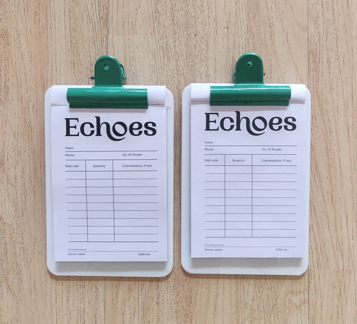 Order pad clipboards for Echoes