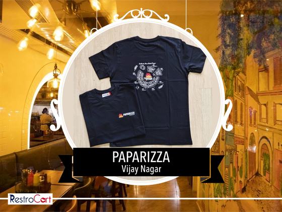 Navy t-shirts, one with large white back print and one folded with small front logo, custom made for Paparizza by RestroCart, New Delhi