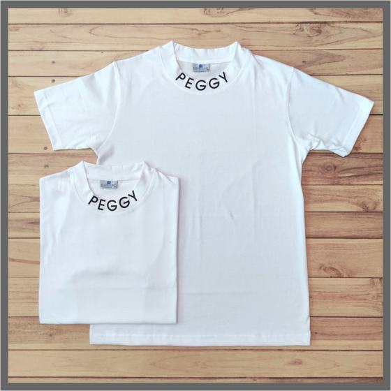 Two white crew neck T-shirts with black wordmark printed below collar, laid flat, custom made for Peggy Ice Creams by RestroCart, New Delhi
