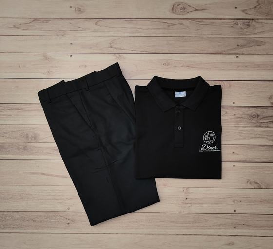 Black polo t-shirt with small white embroidered logo and black formal trousers, folded flat, custom made by RestroCart, New Delhi