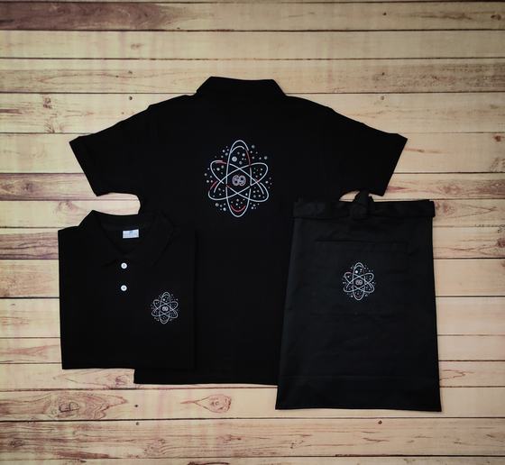 Black polo t-shirts with pastel atom print on back and black waist apron with matching logo, custom made by RestroCart, New Delhi