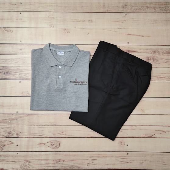 Grey melange polo t-shirt with small black embroidered logo and black trousers, laid flat, custom made by RestroCart, New Delhi