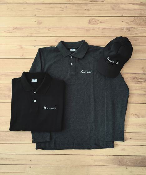 Charcoal full-sleeve polo and black polo t-shirt with white script logo and matching black cap, custom made by RestroCart, New Delhi