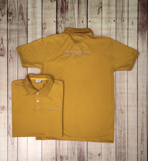 Mustard yellow polo t-shirts with tonal embroidered chest logo and back text, full and folded view, custom made by RestroCart, New Delhi