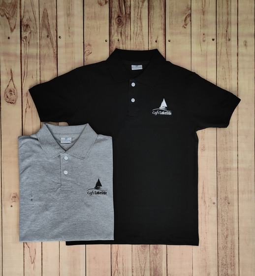 Black and heather grey polo t-shirts with embroidered sailboat logo on the chest, custom made by RestroCart, New Delhi