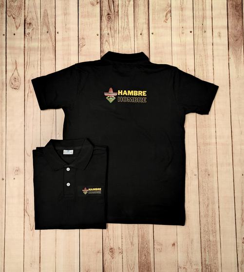 Black polo t-shirts with yellow and green printed logo on chest and large logo on the back, custom made by RestroCart, New Delhi