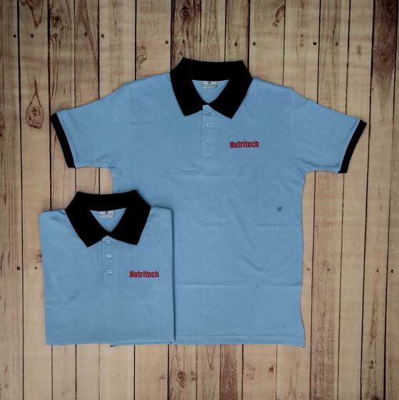Sky blue polo t-shirts with black collar, black sleeve tipping and red printed chest logo, custom made by RestroCart, New Delhi