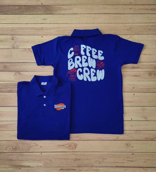 Royal blue polo t-shirts with large white printed back slogan and small chest logo, front and back, custom made by RestroCart, New Delhi