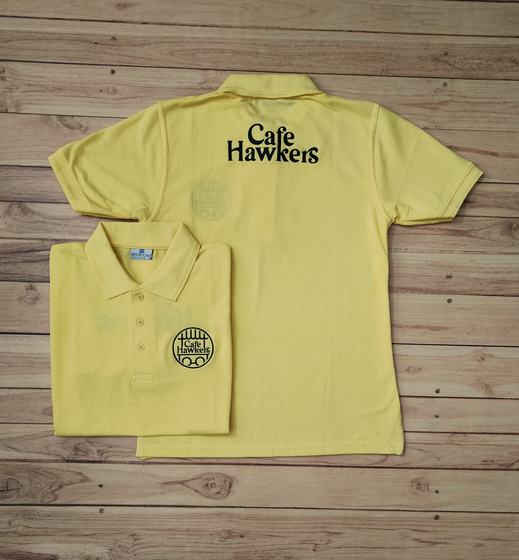 Lemon yellow polo t-shirts with black printed wordmark on the back and round chest logo, two views, custom made by RestroCart, New Delhi