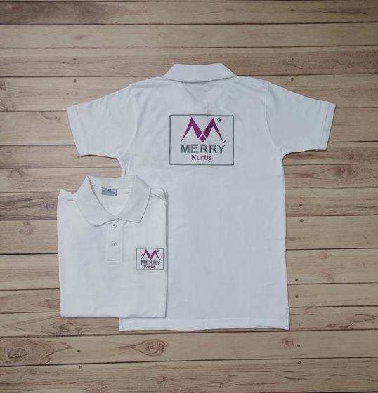 White polo t-shirts with large boxed maroon printed logo on the back and small chest logo, two views, custom made by RestroCart, New Delhi