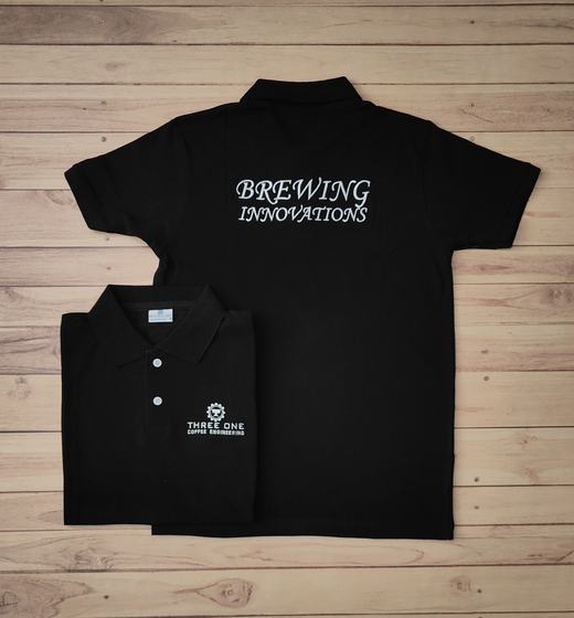Black polo t-shirts with white printed script text on the back and gear logo on the front, two views, custom made by RestroCart, New Delhi