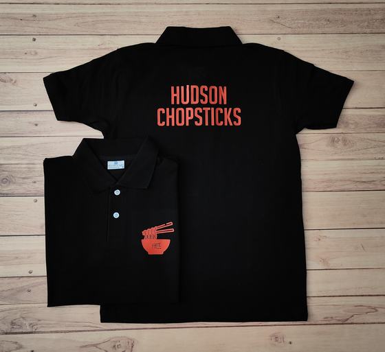 Black polo t-shirts with red printed wordmark on the back and red noodle bowl logo on the front, custom made by RestroCart, New Delhi