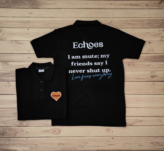 Black polo t-shirts with white printed slogan text on the back and orange heart chest logo, two views, custom made by RestroCart, New Delhi