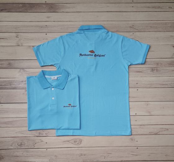 Sky blue polo t-shirts with brown printed wordmark on the back and small chest logo, two views, custom made by RestroCart, New Delhi