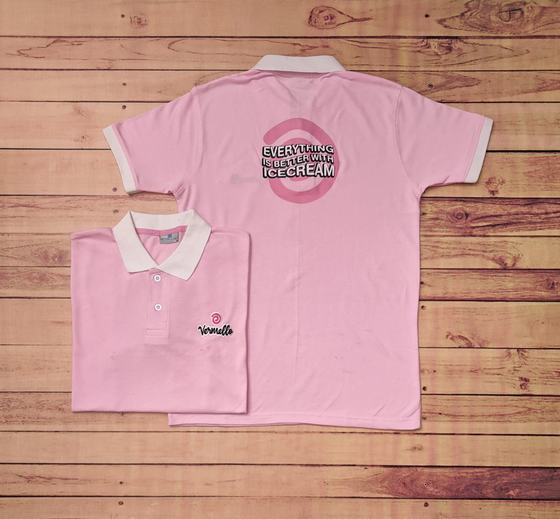 Pink polo t-shirts with white collar, large printed ice cream slogan on the back and chest logo, custom made by RestroCart, New Delhi