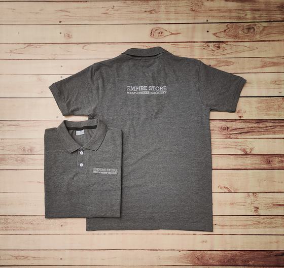 Grey marl polo t-shirts with white printed store wordmark on the back and chest, front and back views, custom made by RestroCart, New Delhi