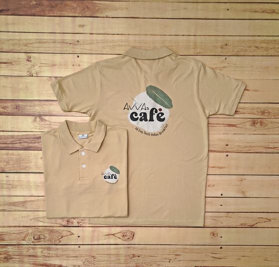 Beige polo t-shirts with large green leaf cafe print on the back and small chest logo, two views, custom made by RestroCart, New Delhi