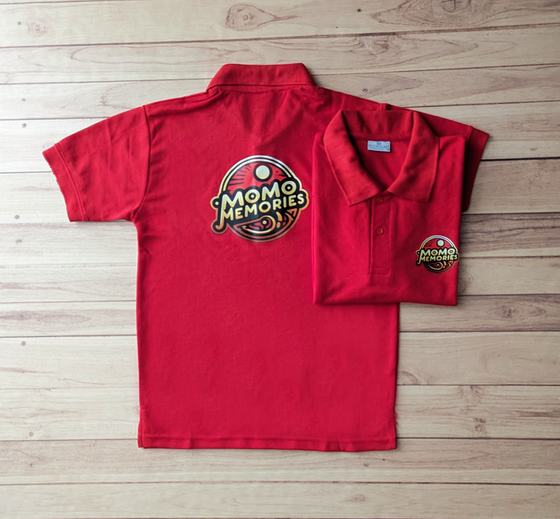 Red polo t-shirts with large colourful round printed logo on the back and small chest logo, custom made by RestroCart, New Delhi